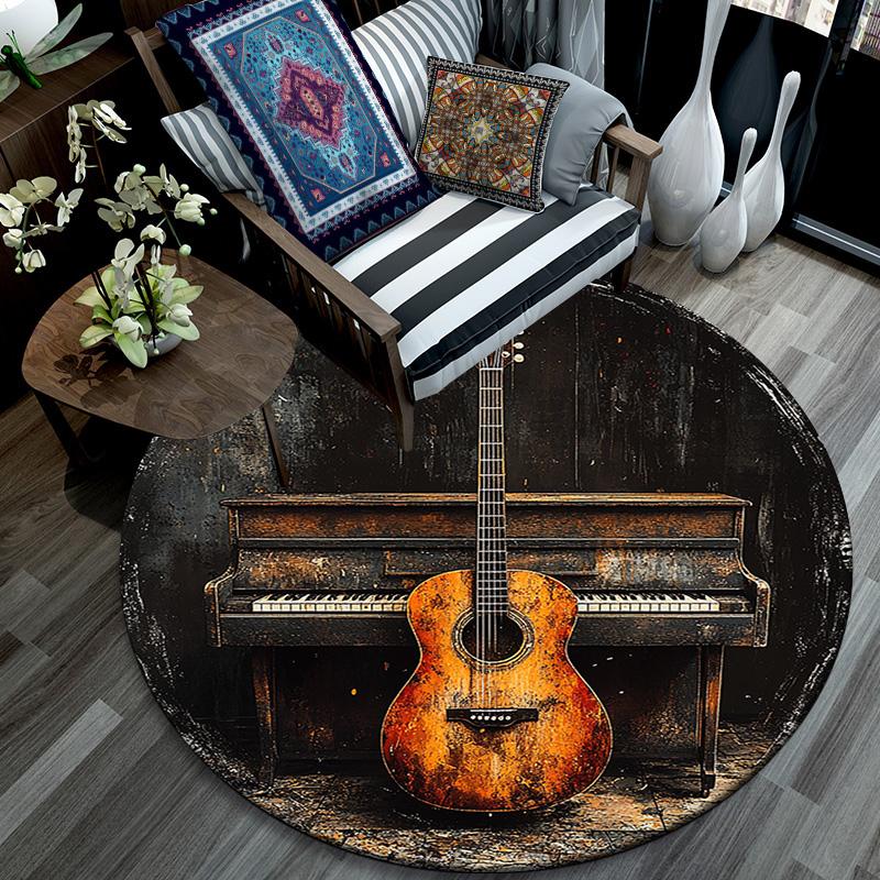 Guitar and Piano Round Area Rug,Carpet Rug for Living Room Bedroom Sofa Playroom Decor,Non-slip Floor Mat