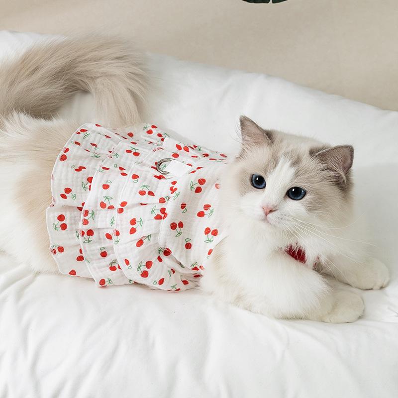 Cat Clothes Cherry Sweetheart Traction Suspender Dress Spring and Summer Thin Breathable Kitten Puppy Pet Clothes