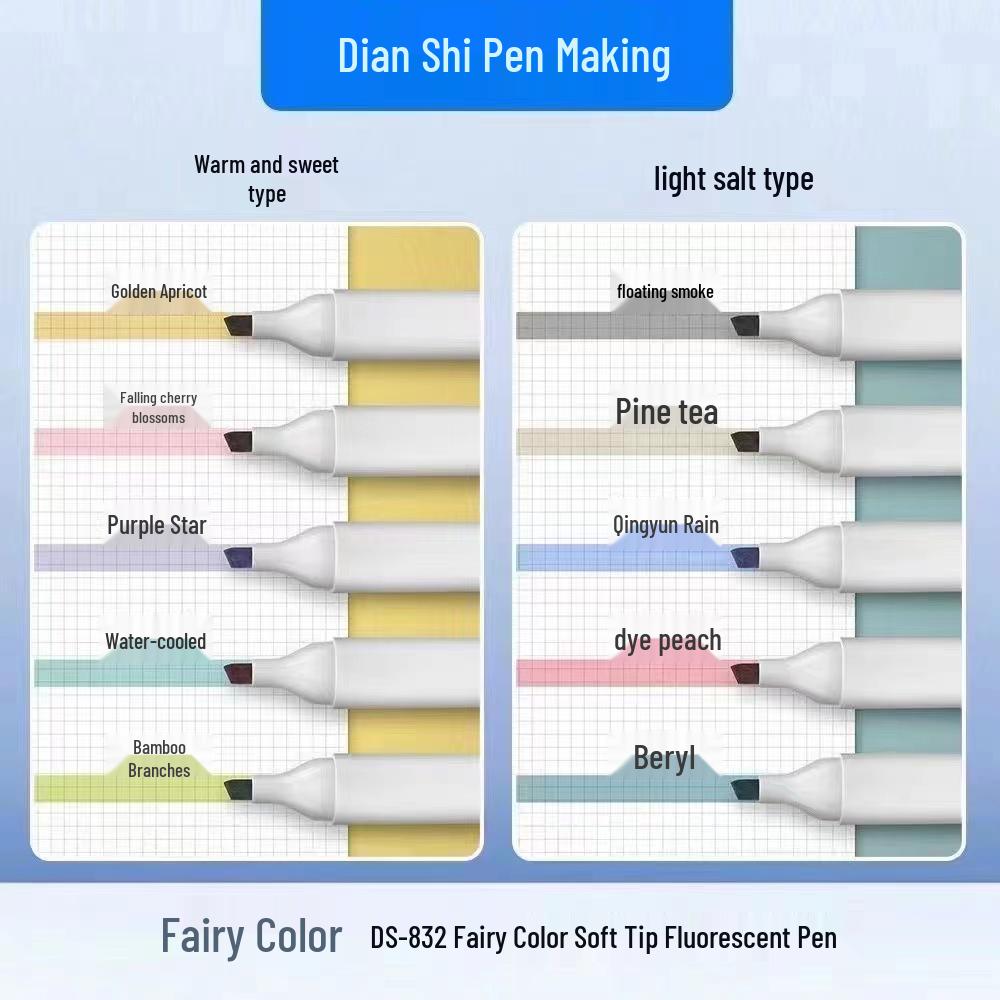Dian Shi Fairy Color Soft Tip Fluorescent Markers, 10 Bold Highlighting Colors for Students and Journals