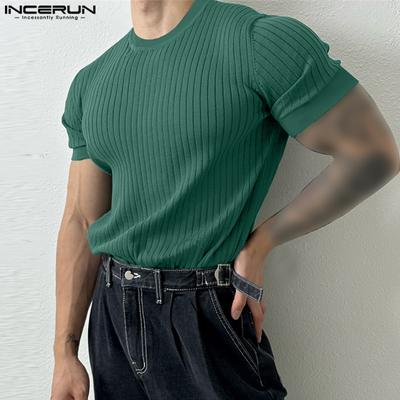 Men's Short Sleeve Round Neck Shirts Pinstripe Knitted Leisure Tops