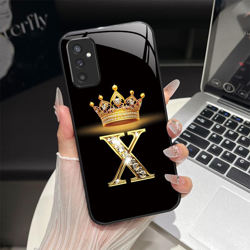 For Samsung M52 5G Case Galaxy M14 SM-M526B SM-M146B Phone Case ShockProof Fashion Initial Letter Hard Tempered Glass Back Cover