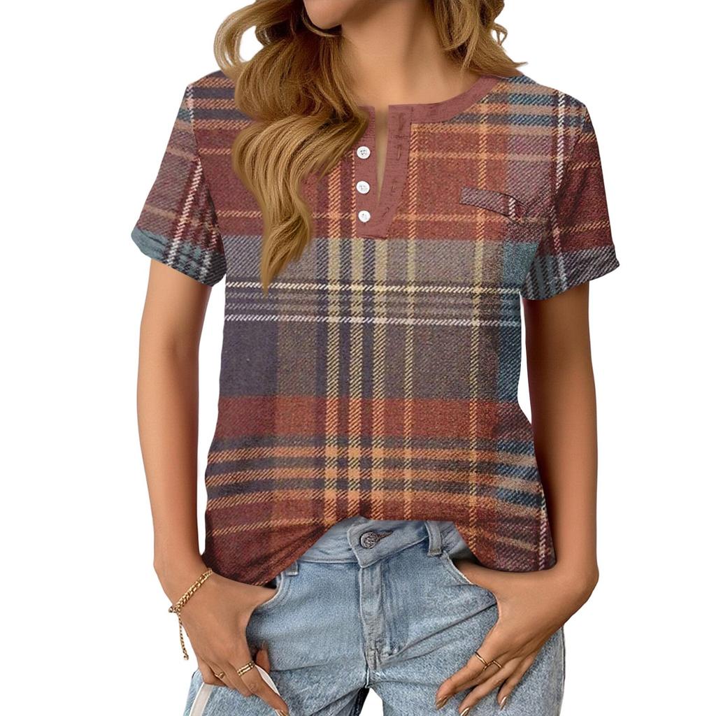 Modisches Lässiges Sommer-Karomuster V-Ausschnitt Knopf Kurzarm-Oberteil für Damen