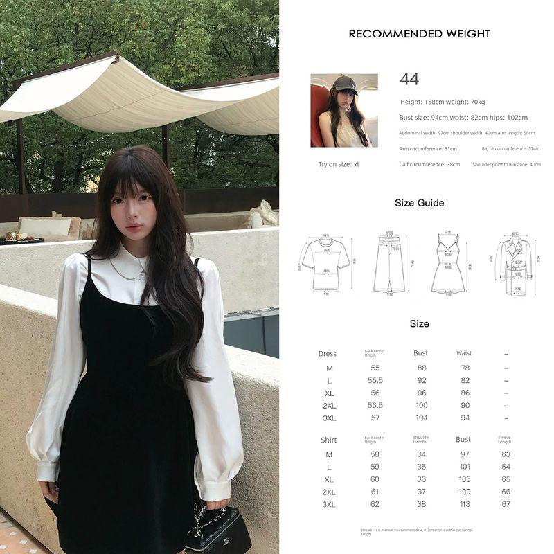 

Ulovely Black Velvet Muse Plus-Size Waist-Cinching Strap Dress/Baby Doll Collar Shirt Large Size Set White Shirt L