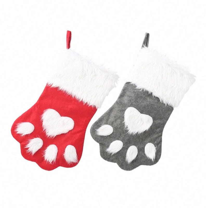 1PC Christmas Stockings, Contemporary Dog Paw Design, Polyester Hanging Socks for Xmas Decorations, Festive Candy Bags