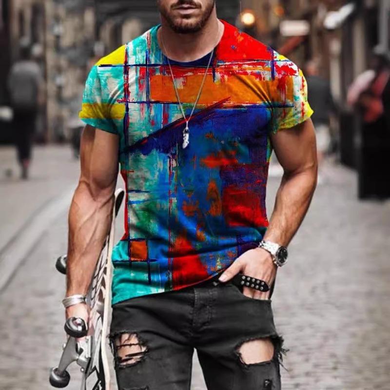 Herrs 3D-printad Street Fashion T-shirt Färgstarkt Mönstertryck Kortärmad Rundhalsad Tröja Vardaglig Topp