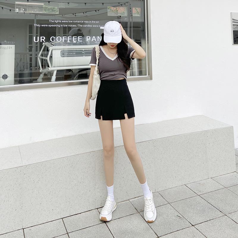 Women's Summer 2023 Black A-Line Slit Skirt: Campus-Chic Slim Fit