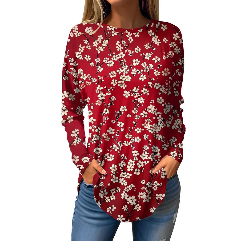 Women's Loose Round Neck Print Long Sleeve T-Shirt Top Pullover