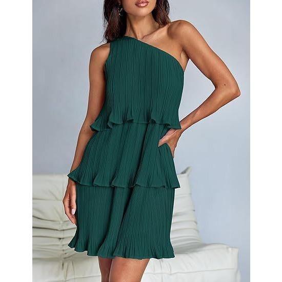 

IHUASU Spring Summer Women s Dress Diagonal Shoulder Layered Stitching Hem Solid Color Dress Women XL темно-зеленого