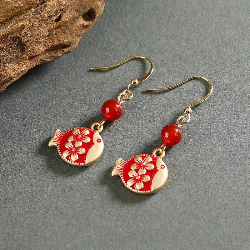 Niche Design Red Flower Earrings Retro Ethnic Style Temperament Versatile Jade Earrings Chinese Style Earrings Women