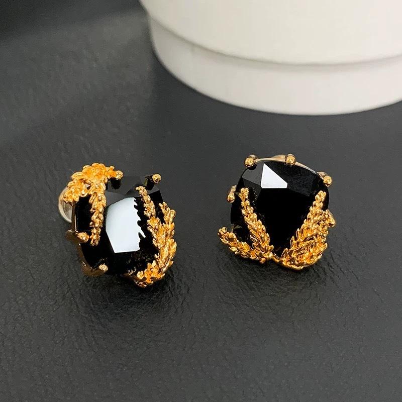Francuskie kwadratowe kolczyki sztyfty z obsydianu w kształcie diamentu i kłoska pszenicy, wyczucie osobowości, niszowy design, lekki luksus, kolczyki ze srebra próby 925, kolczyki