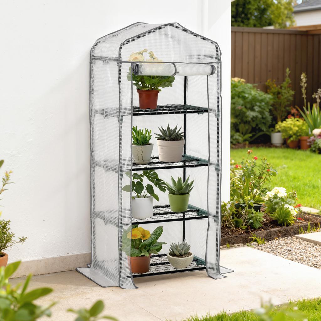 4 Tier Mini Portable Greenhouse Compact Plant Grow Shed Metal Frame PE Cover with Lockable Rolling Wheels, White