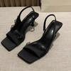 Fashion 2025 Summer New Women's Fashion Square Head Suspender Stiletto Heels Solid Open-toe Mid-heel Sandals