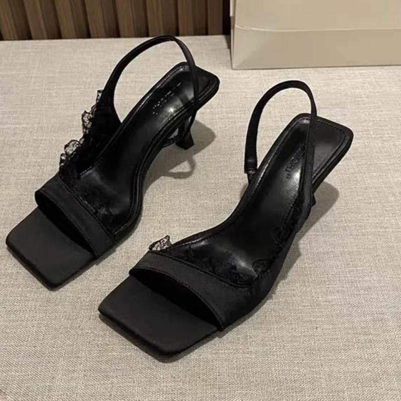 Fashion 2025 Summer New Women's Fashion Square Head Suspender Stiletto Heels Solid Open-toe Mid-heel Sandals