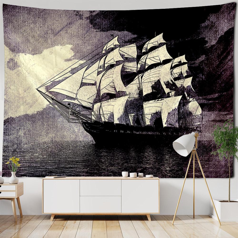 Ozean Ölgemälde Wandteppich Retro Piratenschiff Wandbehang, Hippie Heimdekoration Wandbild, Wohnzimmer und Schlafzimmer Kunstdekoration