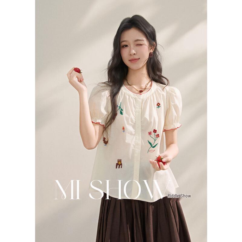 Retro Embroidered Puff Sleeve Cotton Blouse L