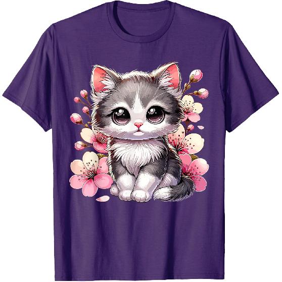 Cute Cat with Cherry Blossoms Cat T-Shirt