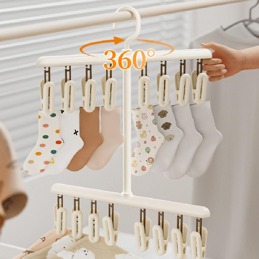 Portable Socks Drying Rack Detachable 16 Clips Rotatable Hook Hanger Space-saving Windproof Underwear Drying Clips Travel