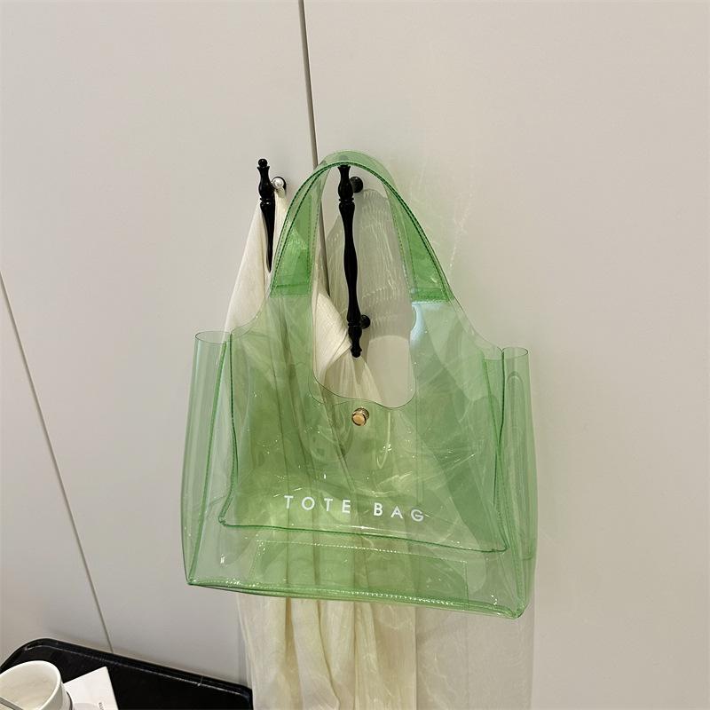 

PVC Beach Bag Large Capacity Shoulder Bags Magnetic Closure Clear Grocery Handbag Transparent Waterproof Storage Pouch Tote Bags зелений