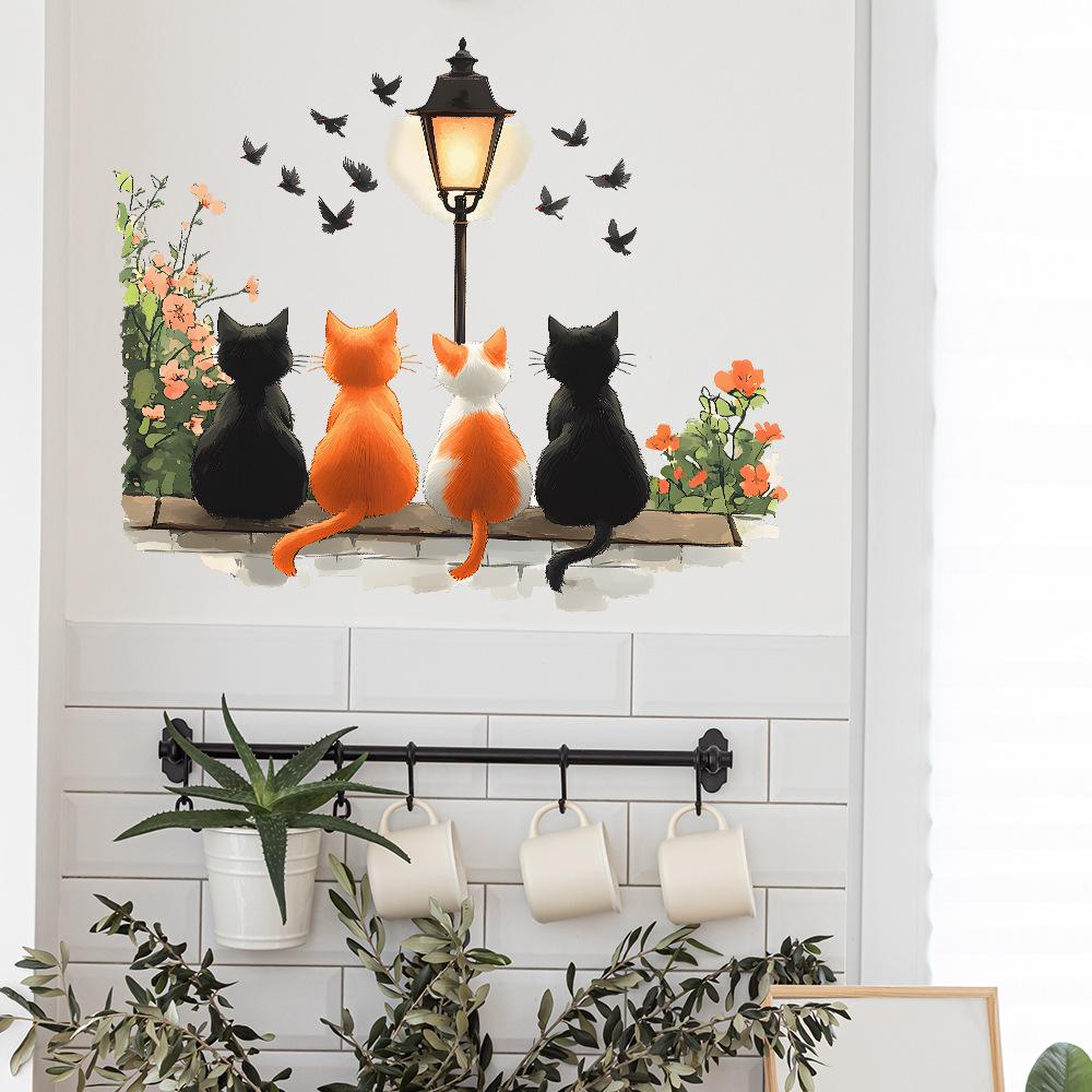 Creative Cats Street Lamp Flowers Wall Sticker Home Decor Decal for Living Room Bedroom Background Posters DIY Mural