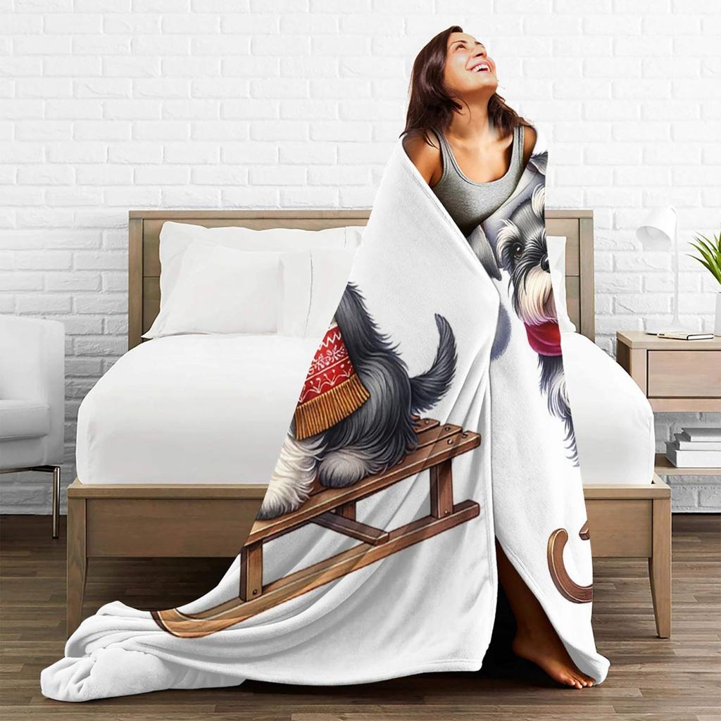 Miniature Schnauzer Dog On A Sled Blanket Soft Warm Flannel Throw Blanket Bedding for Bed Living room Picnic Travel Home Sofa