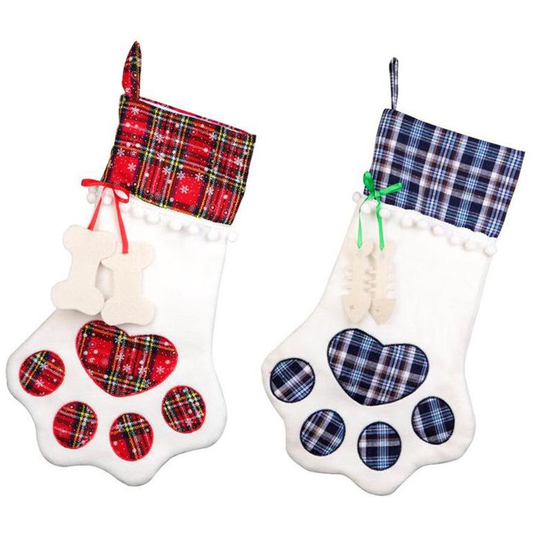 Handmade Dog Paw Plaid Christmas Stocking Gift Bags