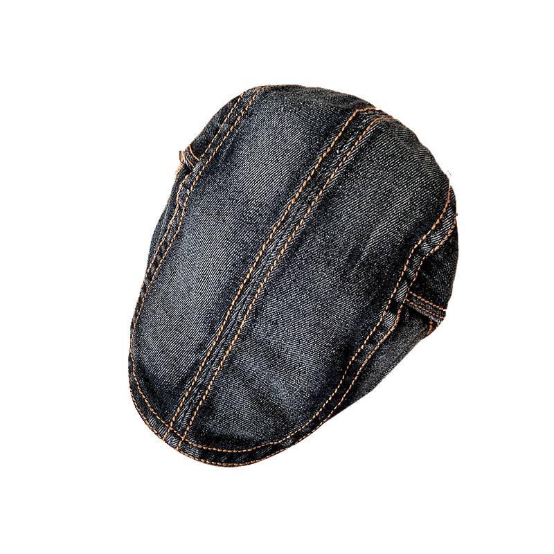 Women's Retro Washed Denim Duckbill Flat Cap with PU, Versatile Face Slimming Design, Spring-Autumn Backwards Beret.