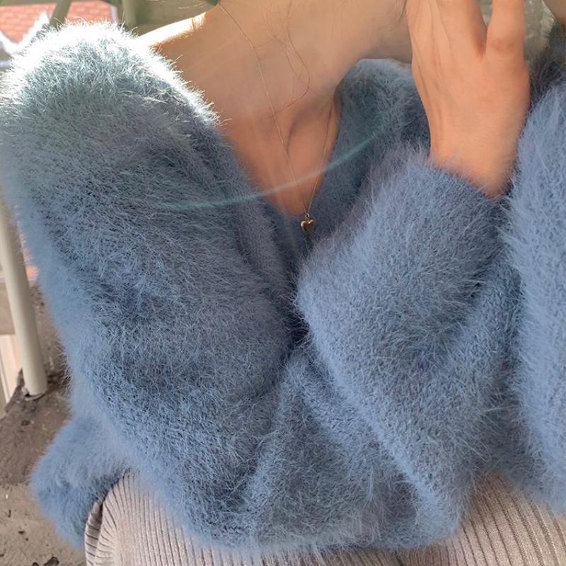 Fashion New Plush V-neck Pullover Sweaters for Women Autumn and Winter Loose Fit Mink Fur Casual Knitted Sweater Women Soft Warm Vintage Jumper 25778