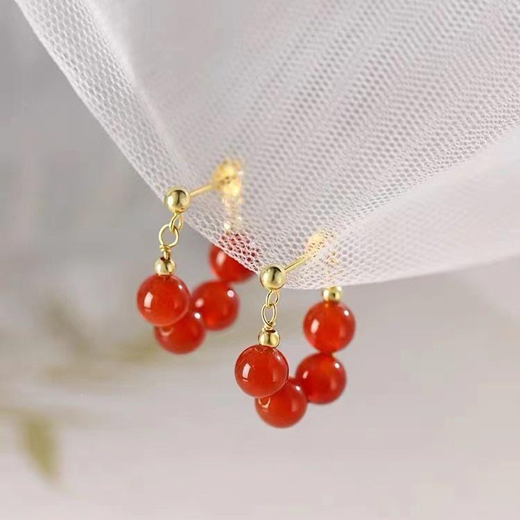 2023 Light Luxury Red Bead Stud Earrings for Women - 925 Sterling Silver