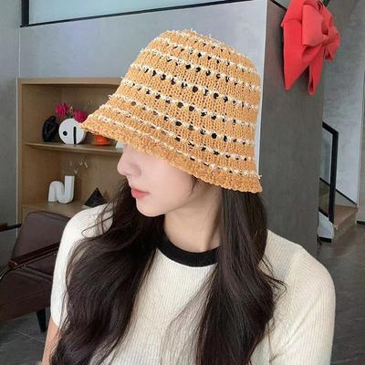 Stroh Fischerhut Kinder gestreift einfarbig und vielseitig Bucket Hat Gesicht bedeckend atmungsaktiv Sonnenbeckenhut