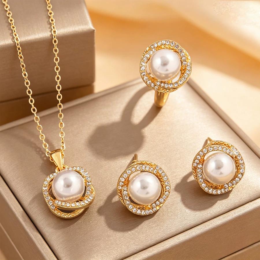Winding Three-piece Light Luxury Pearl Rhinestone Set High-end Temperament Necklace Ring Earrings Fashion Versatile Jewelry