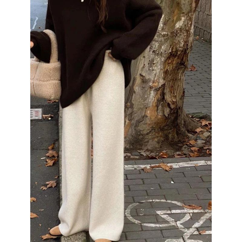 Women's Wool Wide-Leg Cashmere Pants - Soft Drapey Straight-Leg for Autumn and Winter