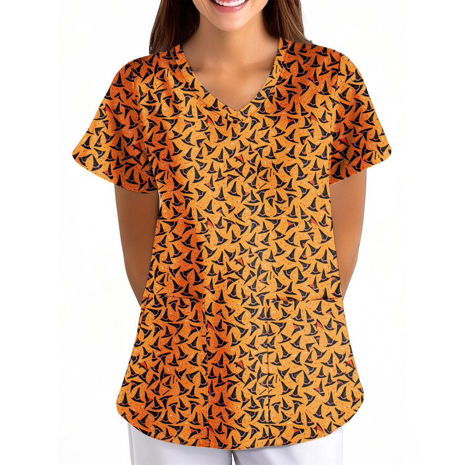 

Women s Halloween Printed Loose V-Neck Pocket Short SleevUniform Uniform XXXL шафрановий