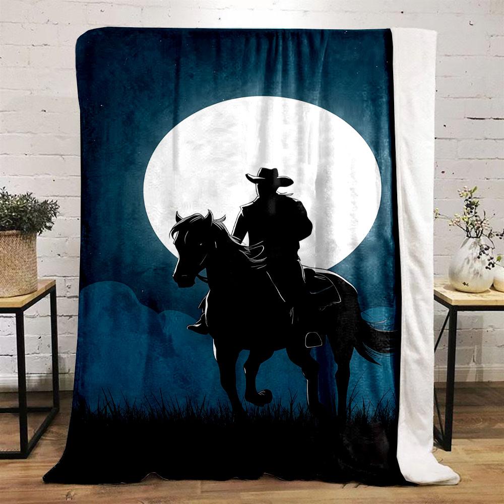 Cowboy Silhouette Under Full Moon Patterned Flannel Blanket Perfect for the Bedroom Living Room, Sofa, or a Little Nap
