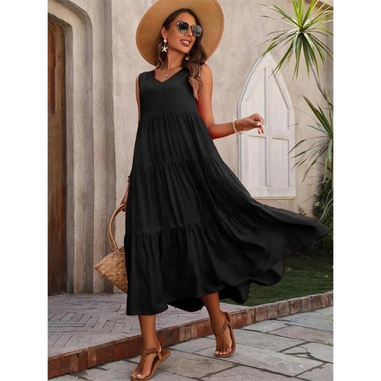 Women Elegant V-neck Loose Long Dresses Casual Vacation Beach Holiday Summer Femme Yellow Black RUFFLES
