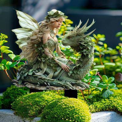 Fee Drachen Gartenstab, Fantasy Hofkunststab, Outdoor Fee auf Drachen Dekoration für Pflanzgefäß Blumenbeet Rasen