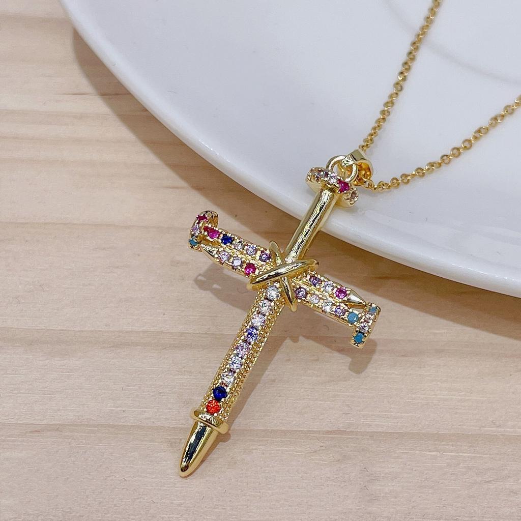 Micro-Set Zircon Cross Pendant 14K Gold Chain Necklace Delicate Daily Wear Nail Charm