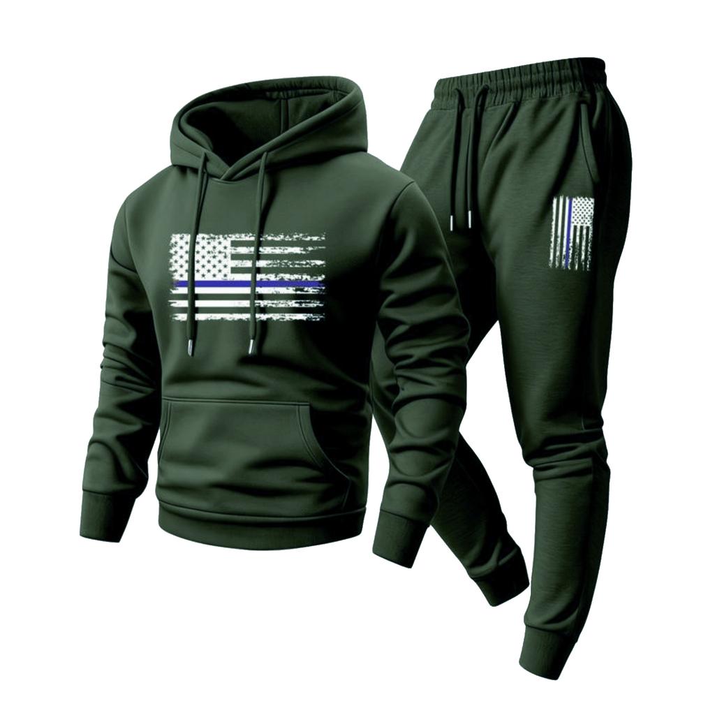 Men's Casual Printed Sweatshirt Set, Men's Hooded Drawstring Sweatshirt And Sweatpants Two-piece Set