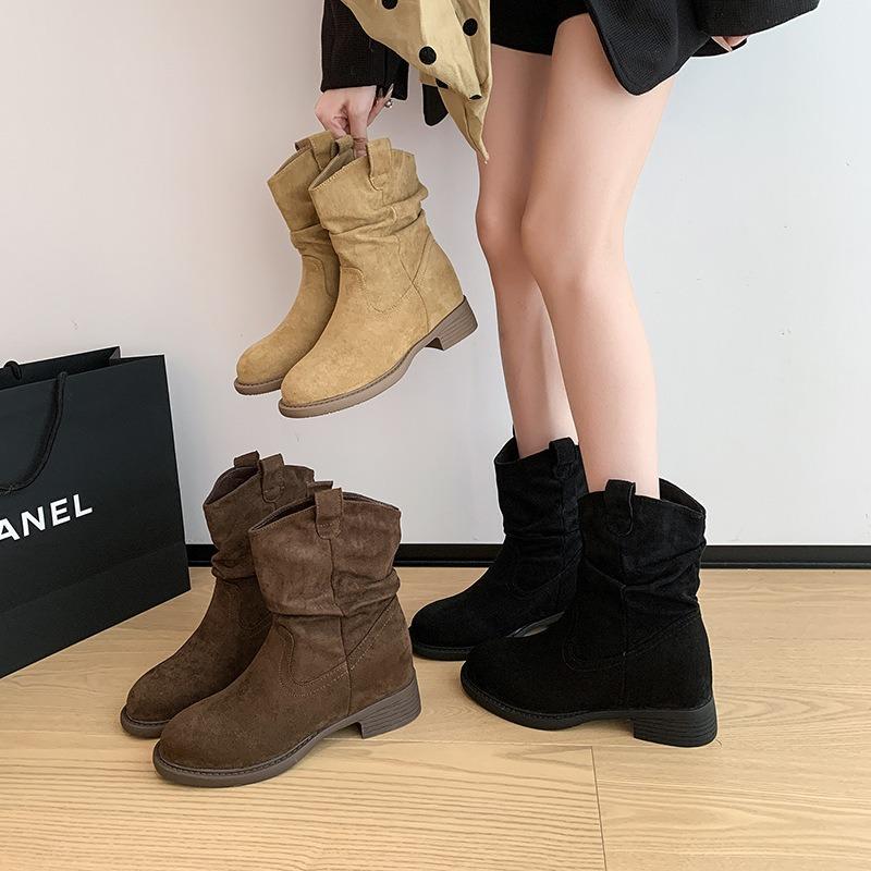 Retro round head stacking boots autumn new merard high heel western cowboy knight boots medium boots short boots