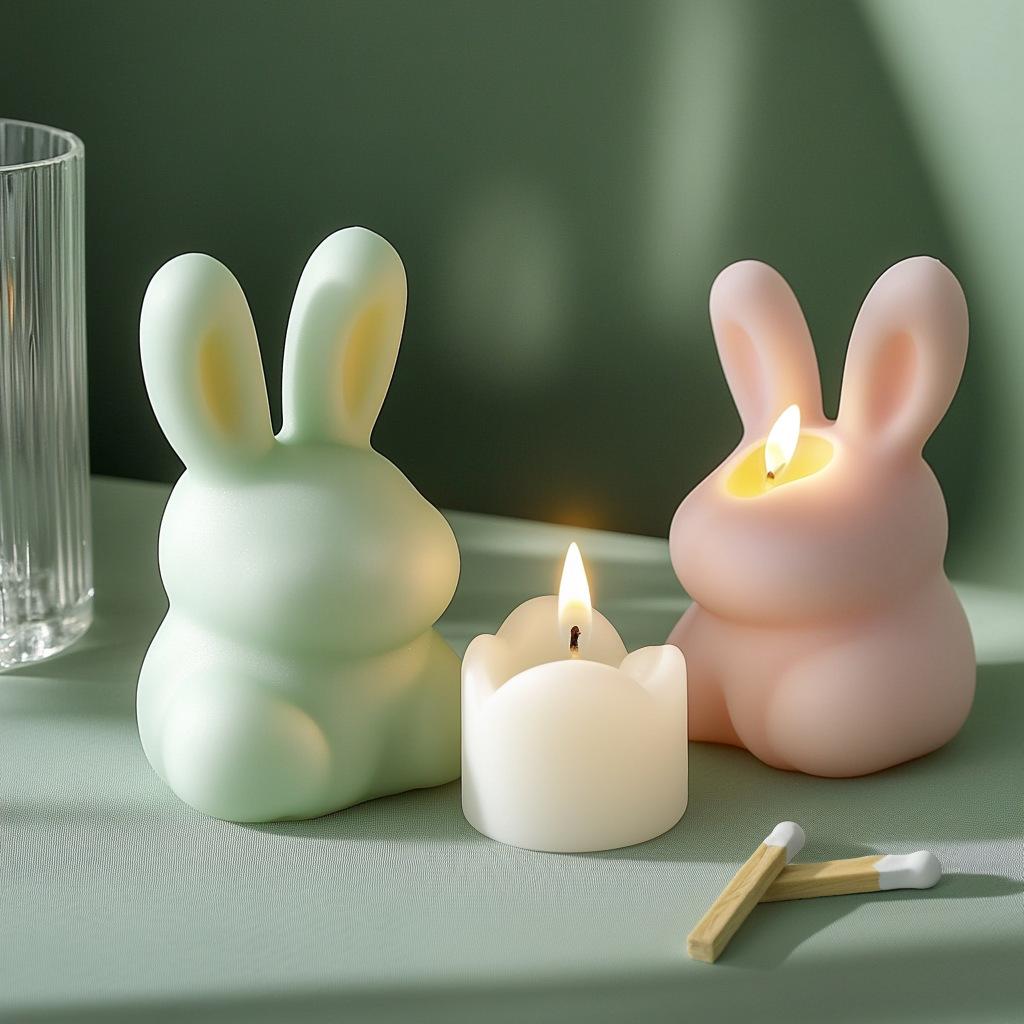 3D Cute Rabbit Candle Silicone Mold Vertical Ears Flower Rabbits Resin Mould Striped Easter Bunny Concrete Gypsum Molds