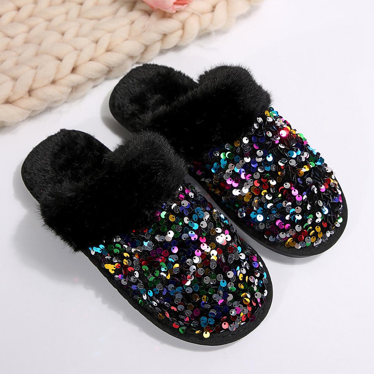 Women Cotton Slippers 2025 Winter New Bling Lightweight Comgfortable Thicken Plush Shoes Indoor Warm Non Slip Home Shoes 42-43 чёрный
