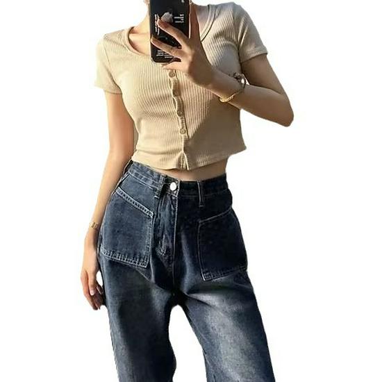 Women's High-Waist Blue Wide-Leg Jeans - Trendy Autumn Design, Slim Fit, Straight Drape Mopping Style