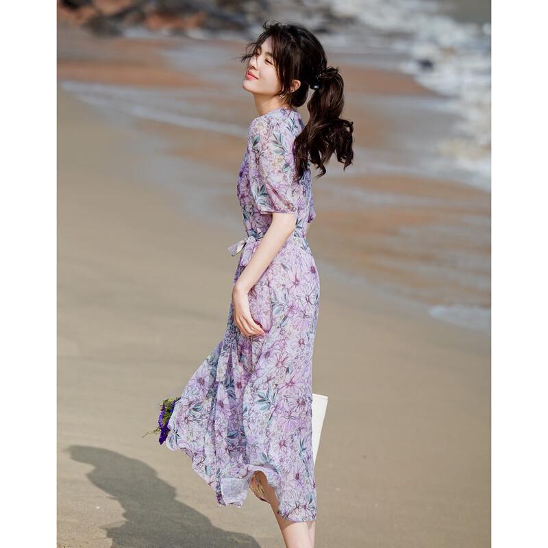 

Demana Blossom Radiance Printed Chiffon V-Neck Belted Irregular Hem Dress L