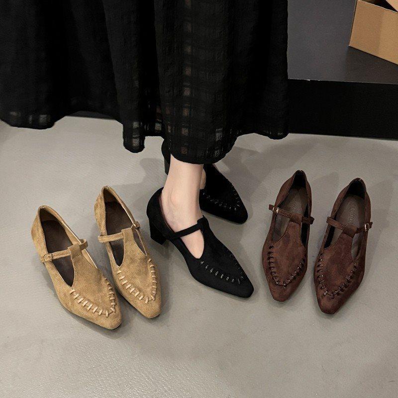 New Pointed High-heeled Retro Mary Jane Shoes Suede French Skirt 2025 Single Shoes Women's Shoes Thick Heel with Autumn