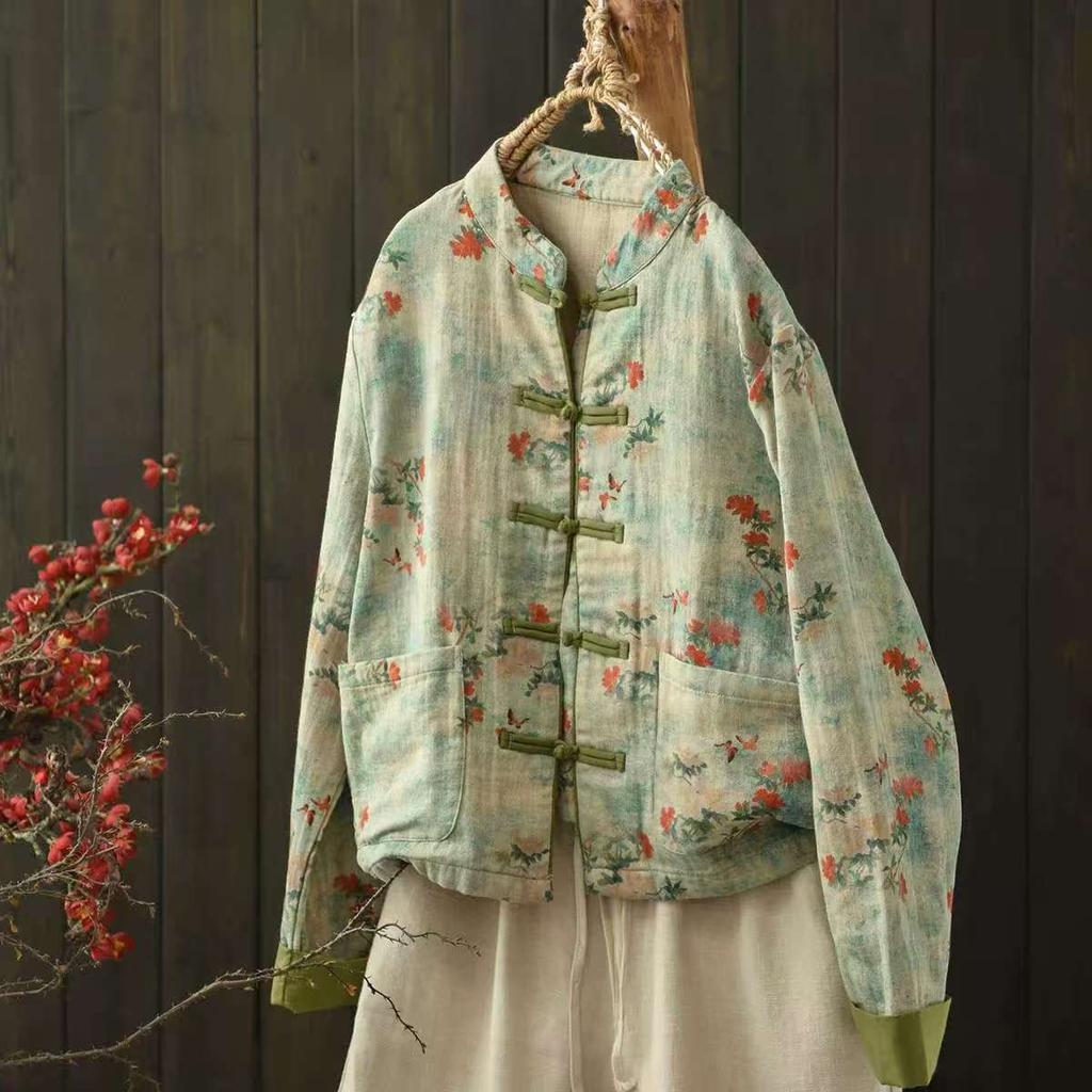 Johnature Women Vintage Print Floral Jackets Stand Long Sleeve Autumn Coats Loose Patchwork Pockets Chinese Style Jackets