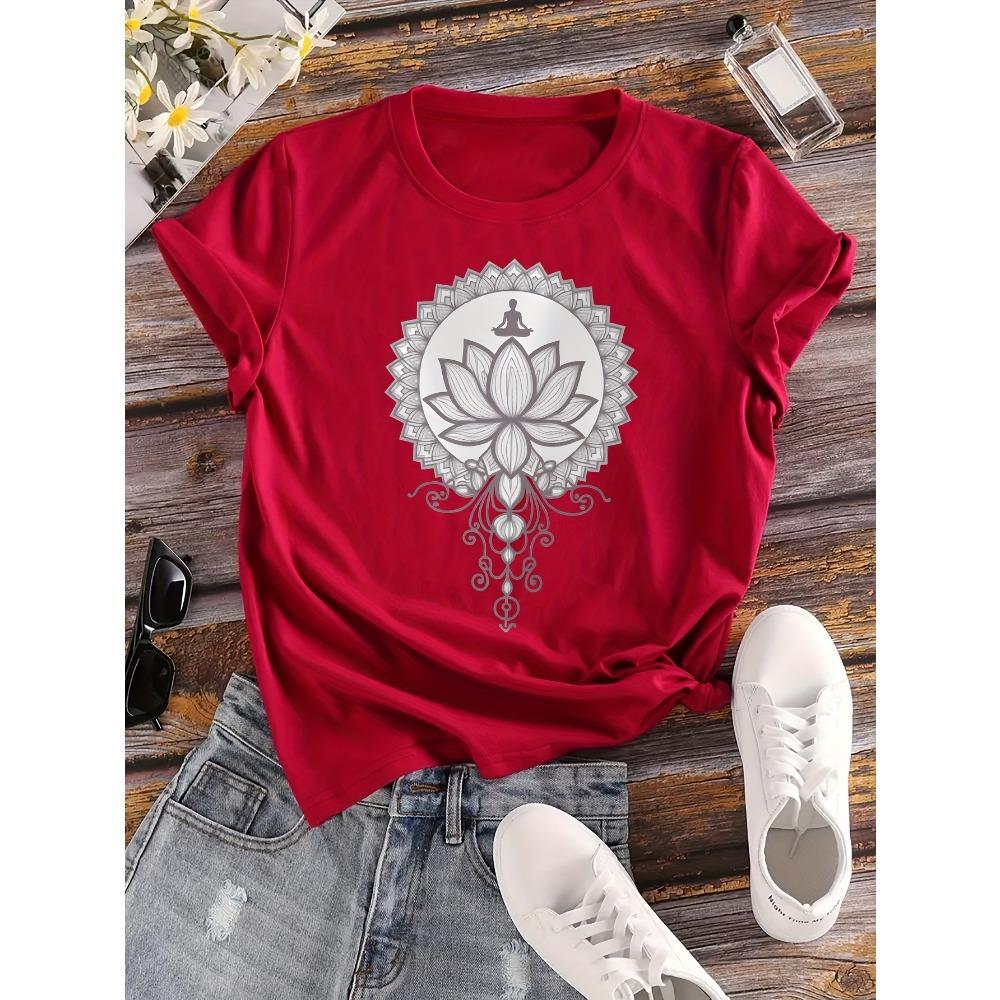 Breathable Women's Mandala T-Shirt Crew Neck Micro Fit White with Intricate Black for Lotus Design Harajuku Short Sleeve