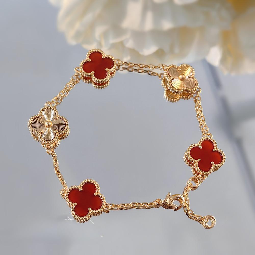 Laser-cut Clover Bracelet with High-end Red Agate Chalcedony for Women