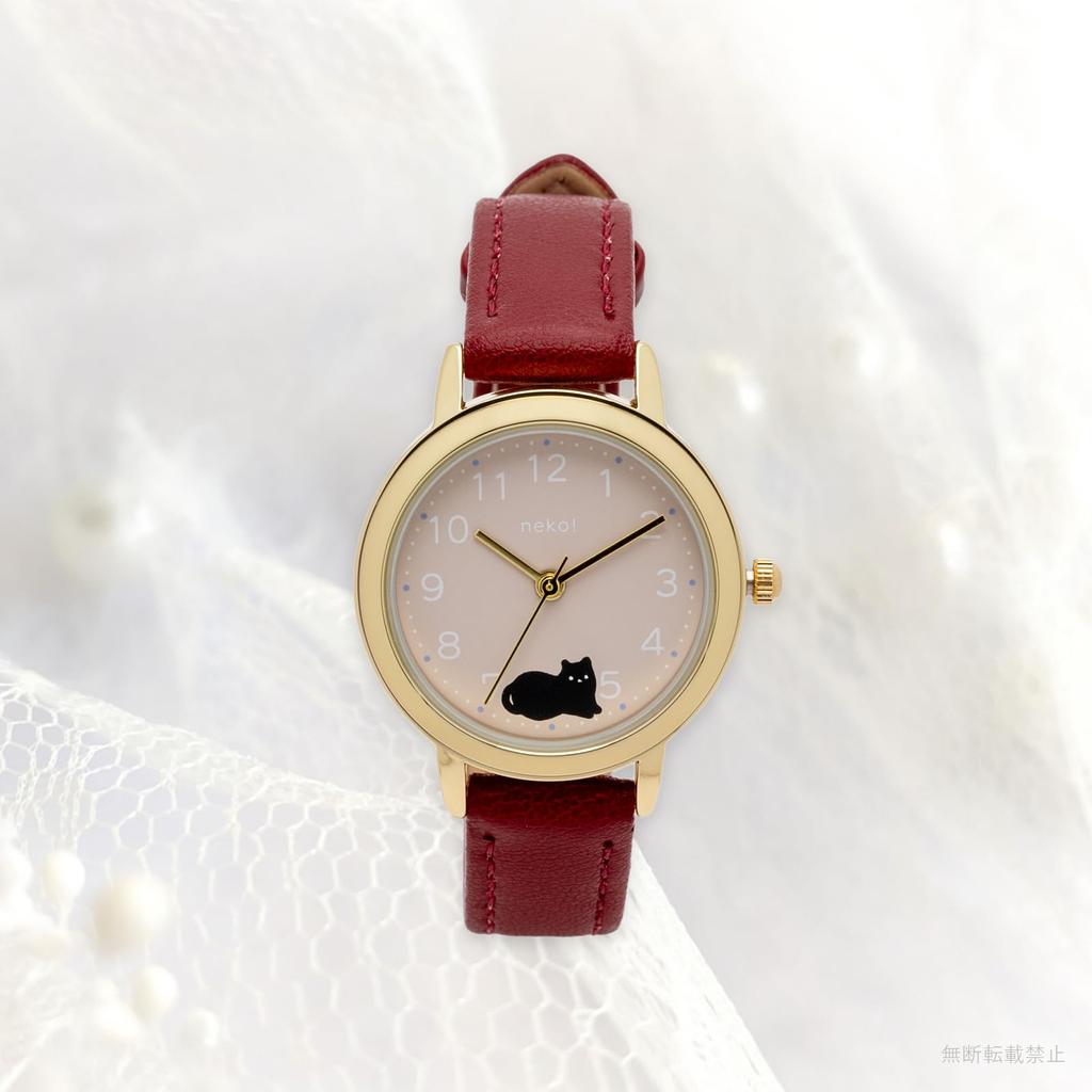 Fieldwork Animal Watch Ladies Analog Leather Belt Cat Design Fluffy Circle JN035-5 Red