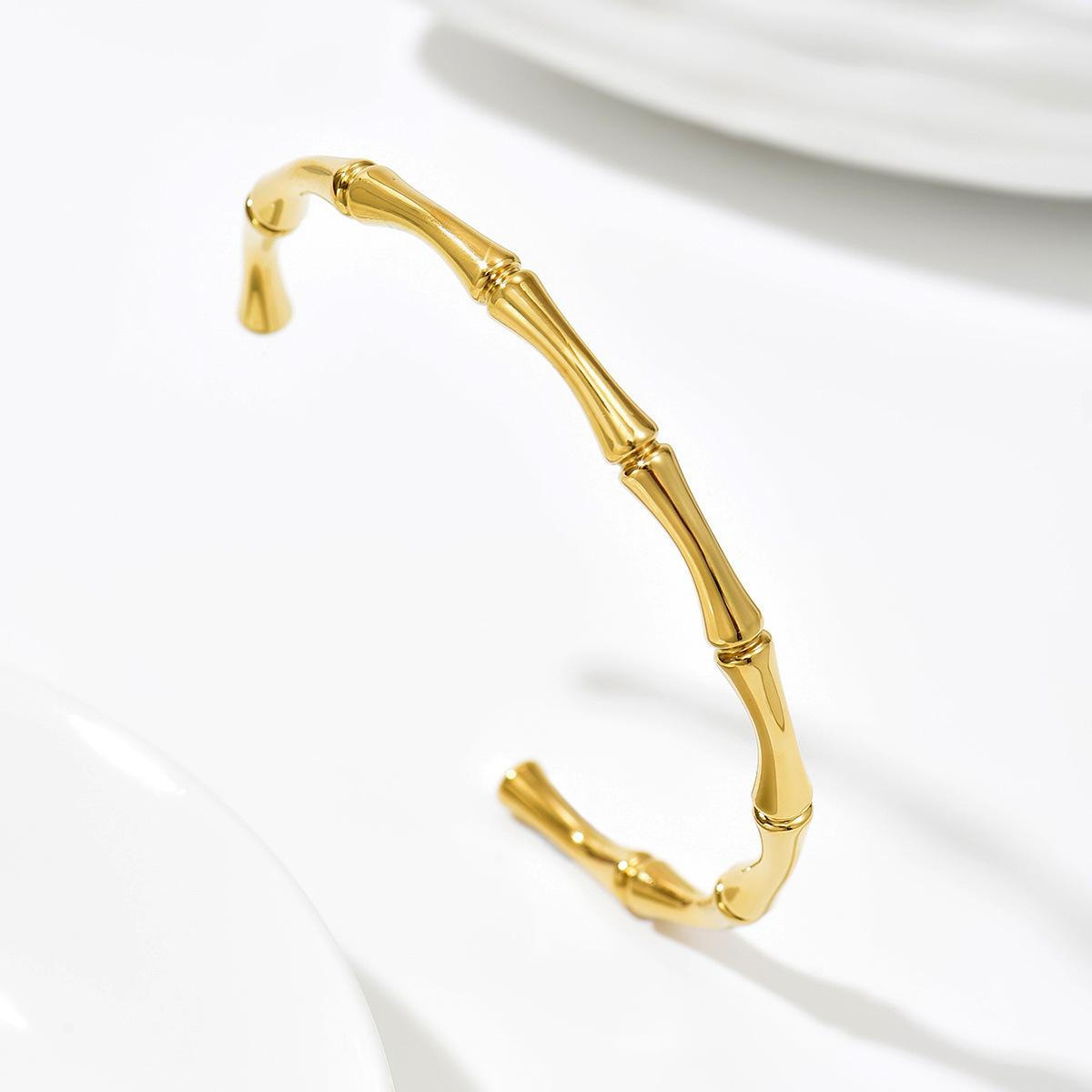 [14K Gold Open Bamboo Flower Bracelet Set Light Luxury Diamond Studded Versatile Trendy Jewelry] 14k