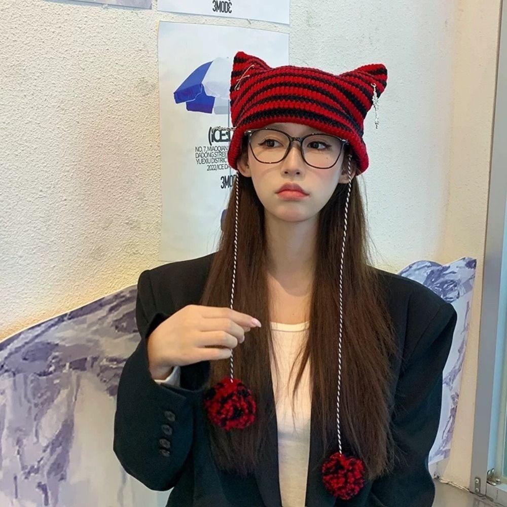 Cute Knitting Striped Devil Ear Casual Cap Japanese Beanie Hat Bonnet Hats Knitted Wool Caps