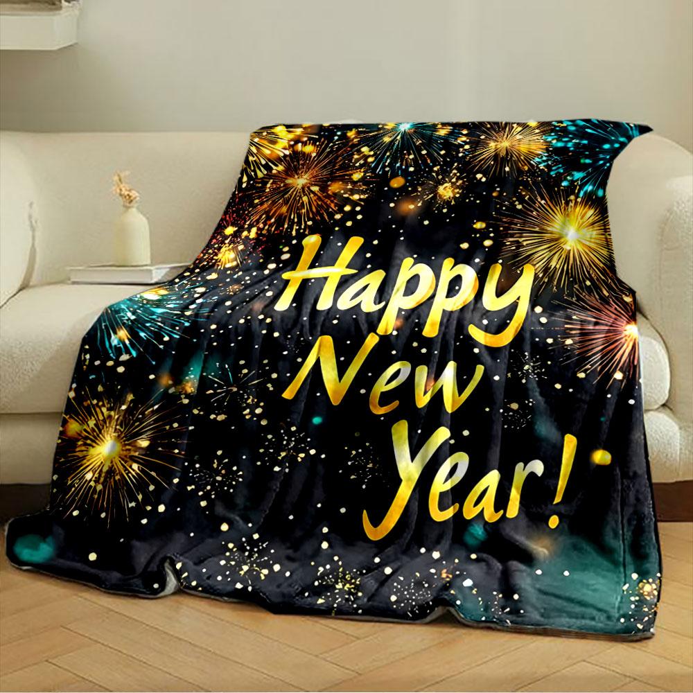 Bright fireworks and "Happy New Year!" text on a festive, dark background. for all seasons blanket lunch break throw gift